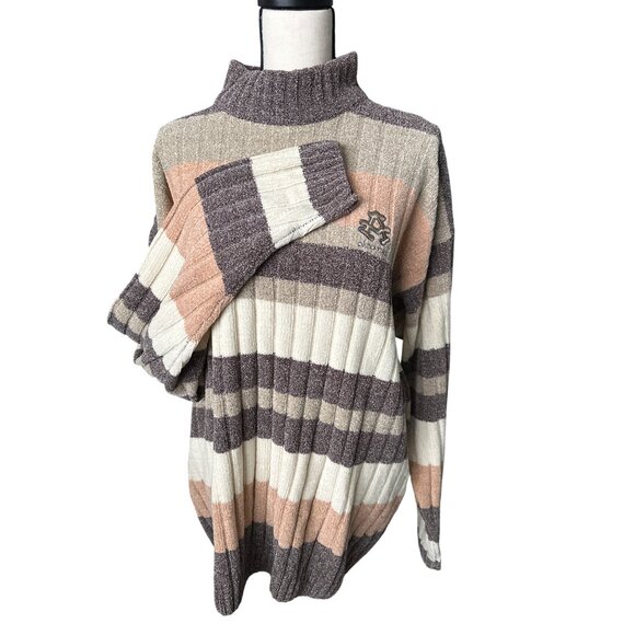 Akademiks Chenille Sweater Striped Brown Cream Mock Neck Acrylic Vintage XXL - Picture 2 of 5